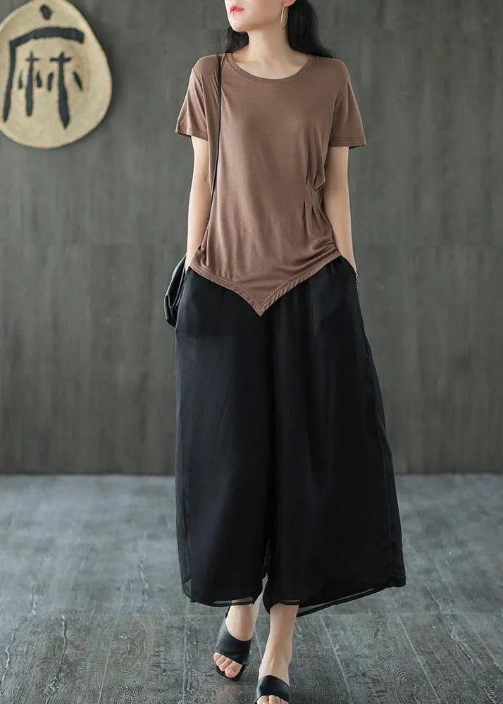 Handmade Black Elastic Waist Retro Wide Leg Crop Pants
