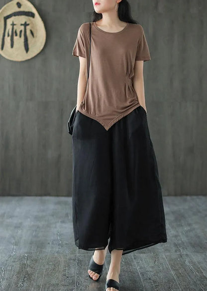 Handmade Black Elastic Waist Retro Wide Leg Crop Pants