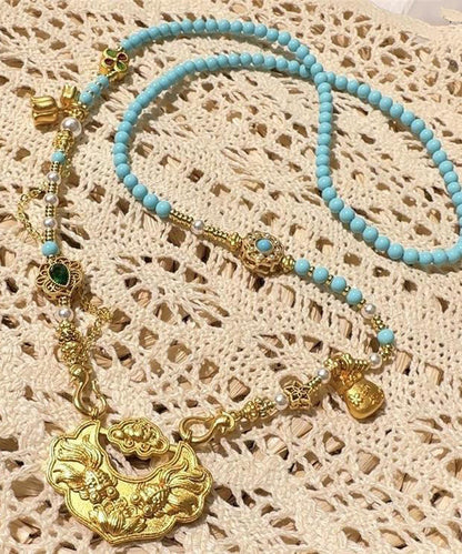 Diy Gold Sterling Silver Overgild Turquoise Pearl Inlaid Gem Stone Pendant Necklace