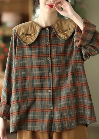 Art Green Plaid Embroidered Cotton Blouses Spring