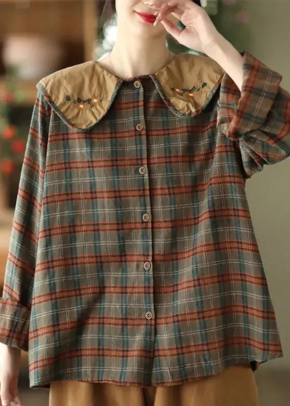Art Green Plaid Embroidered Cotton Blouses Spring