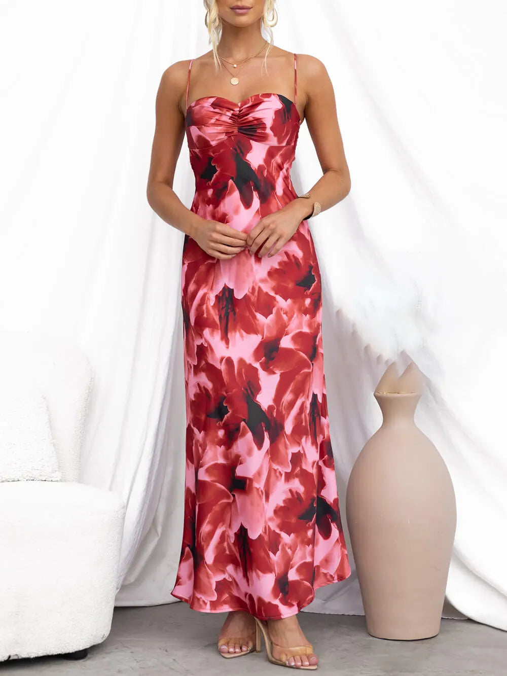 Ruched Bust Print Slip Maxi Dress