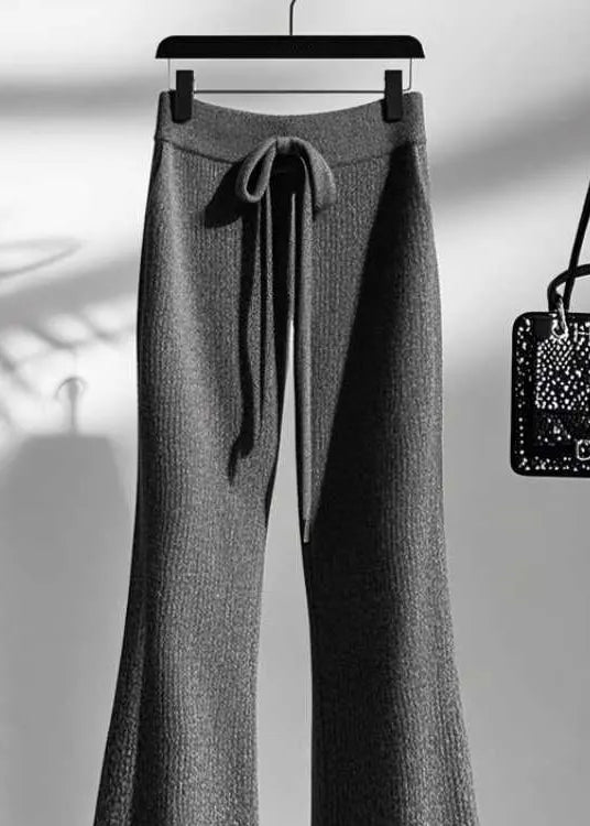 Grey Cozy Elastic Waist Knit Flared Trousers Fall