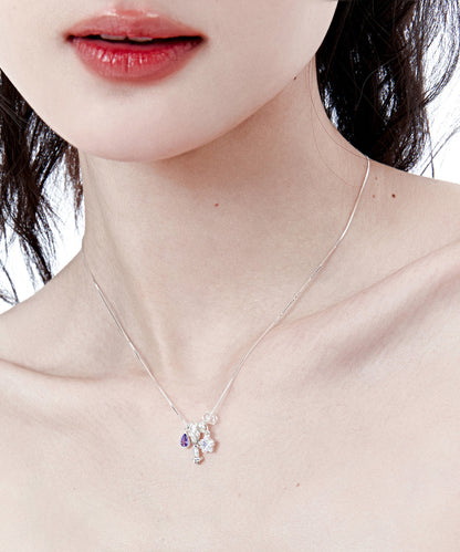 Art Purple Crystal Five Pointed Star Silver Pendant Necklace
