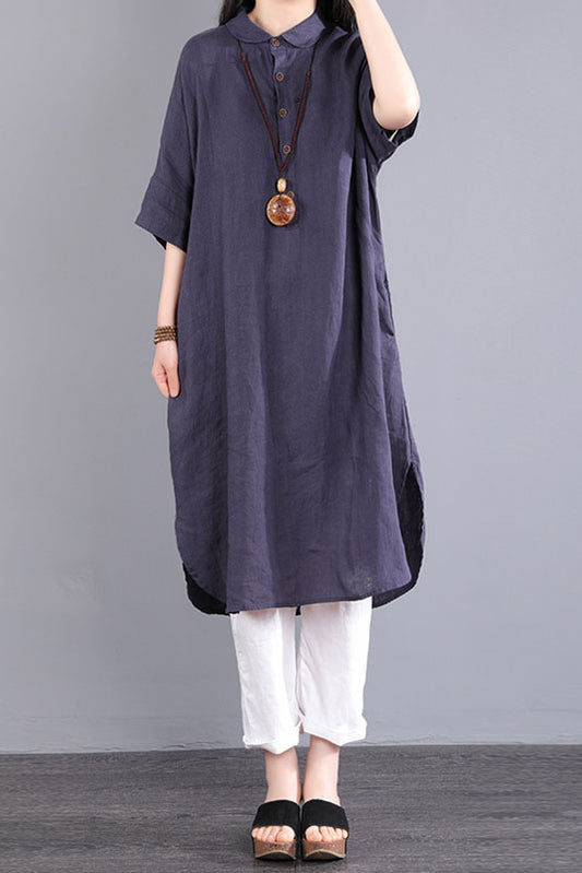 -summer Short-sleeved Long Shirt Color Cotton Linen Dress