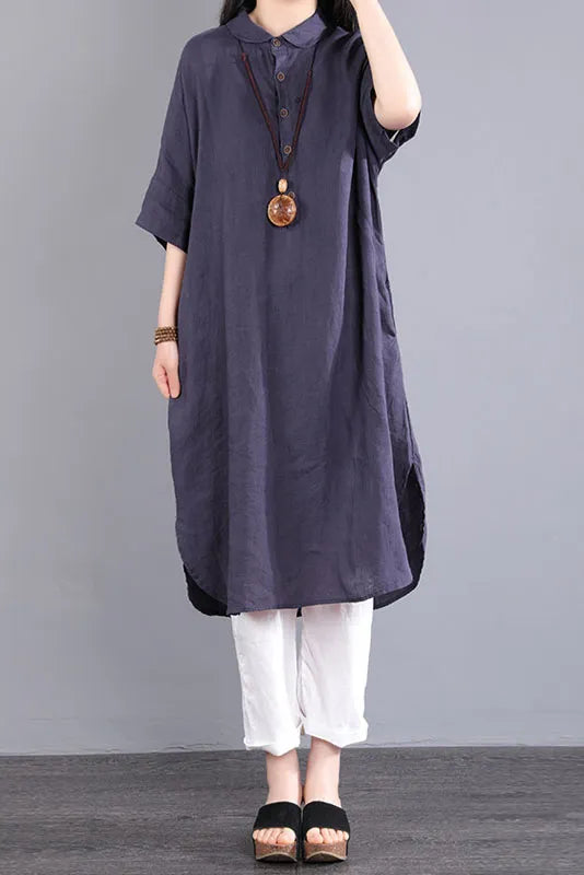 -summer Short-sleeved Long Shirt Color Cotton Linen Dress