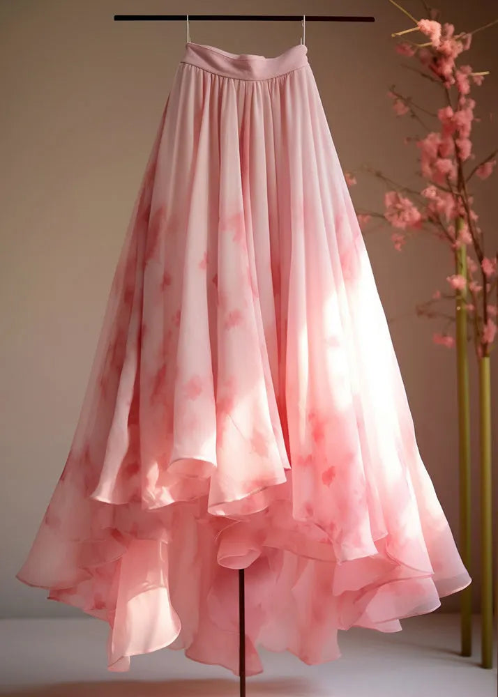 Italian Pink Print High Waist Chiffon Skirts Summer