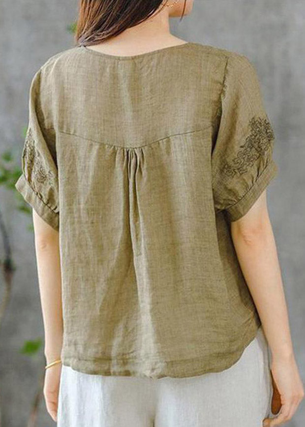 Grass Green O-neck Embroidered Ruffled Linen Tops Short Sleeve