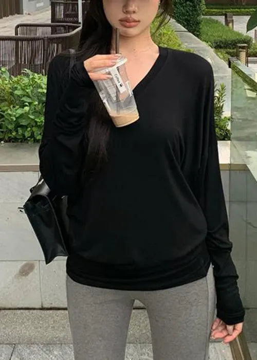 Loose Black Cozy Cotton T Shirts Batwing Sleeve