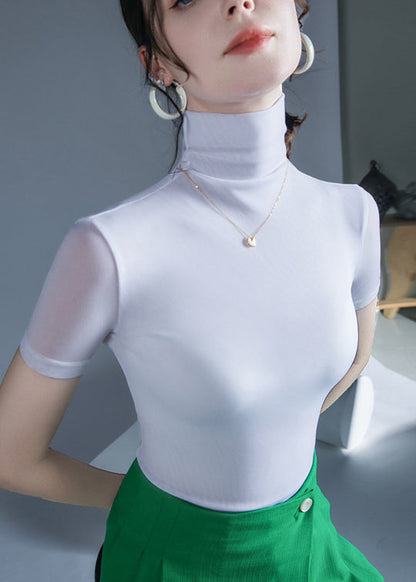 Stylish Black Hign Neck Slim Fit Tulle Blouse Tops Summer