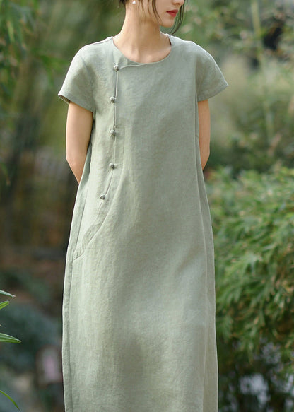 New Retro Green O Neck Button Linen Dresses Summer