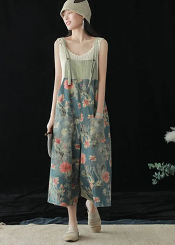Blue Pockets Patchwork Print Cotton Denim Wide Leg Pants Jumpsuit
