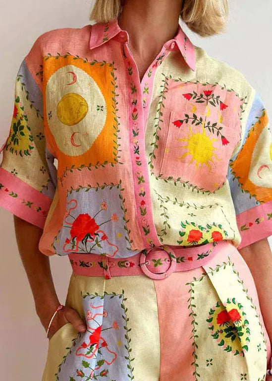 Loose Colorblock Print Blouses and Shorts Linen Two Pieces Set Summer
