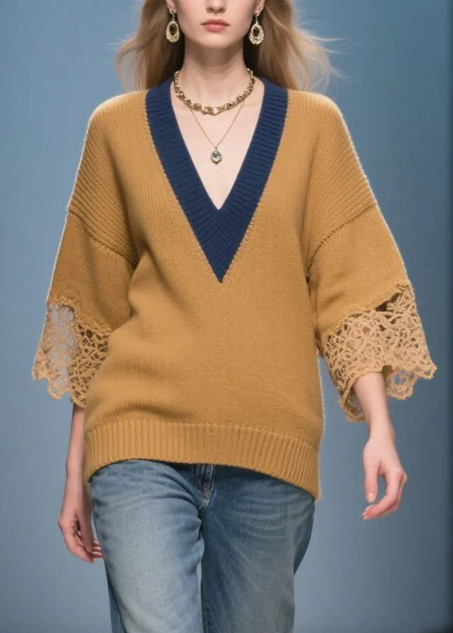 Italian Brown V Neck Patchwork Lace Knit Tops Bracelet Sleeve