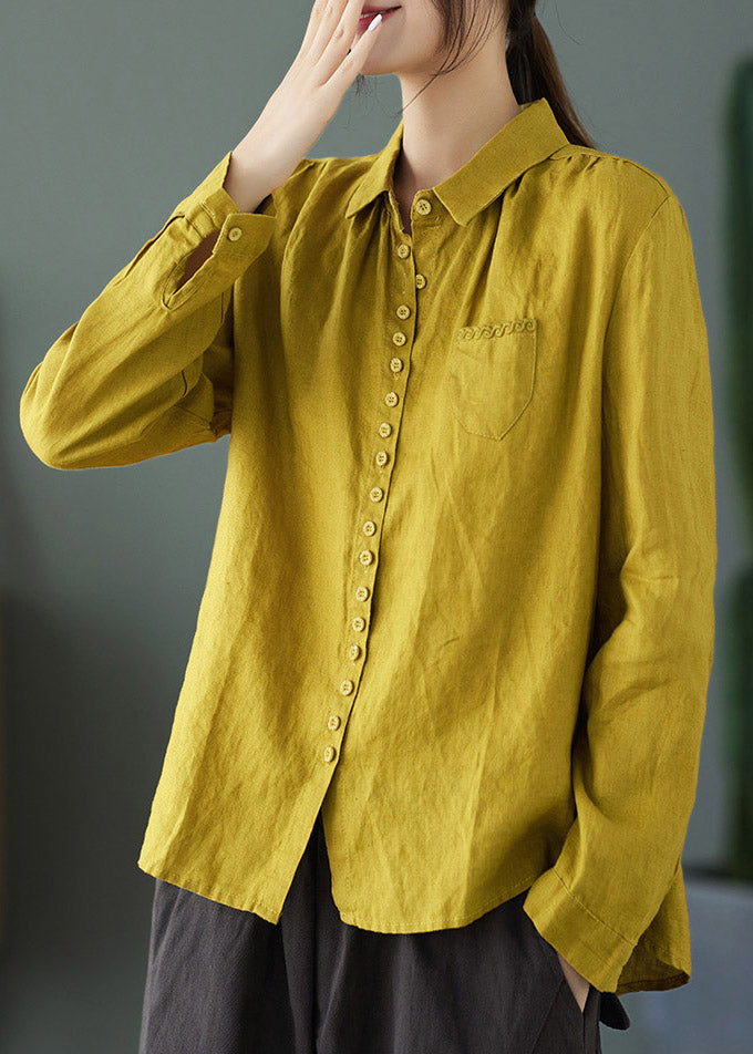 Yellow Peter Pan Collar Embroidered Linen Shirt Long Sleeve