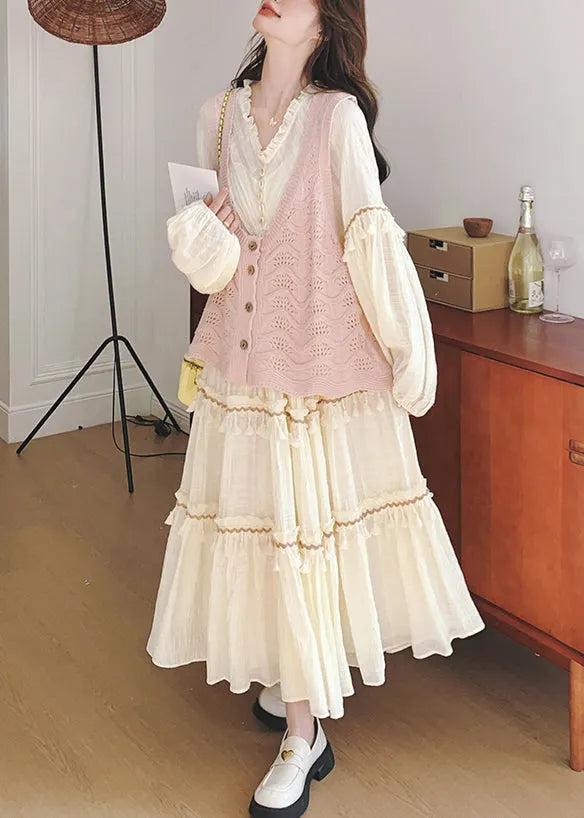 New Pink Hollow Out Knit Vest and Beige Ruffled Dress Two Pieces Set Fall