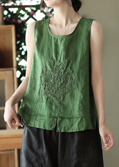Green O-neck Embroidered Patchwork Side Open Linen Vest Summer
