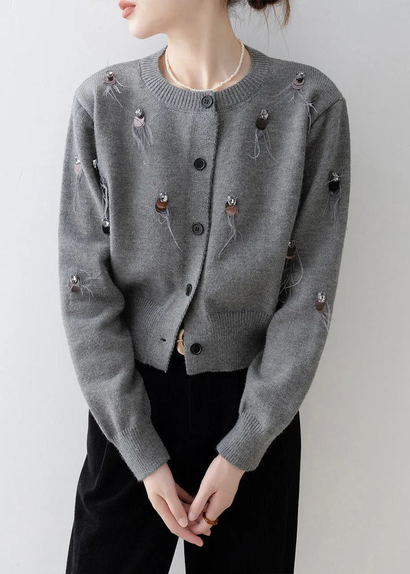 Boutique Grey O Neck Sequins Knit Cardigan Spring