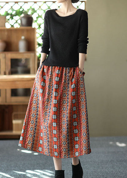 Red Elastic Waist Pockets Linen a Line Skirts Summer