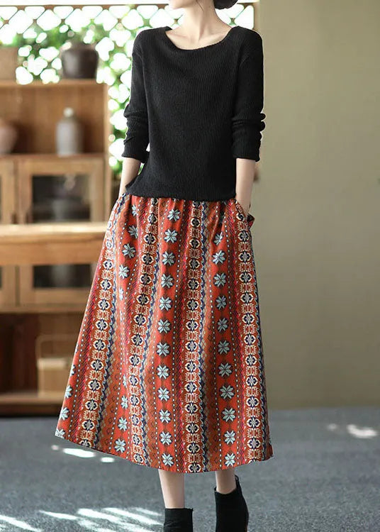 Red Elastic Waist Pockets Linen a Line Skirts Summer