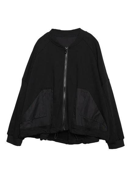 Diy Black O-neck Zippered Pockets Cotton Coats Long Sleeve