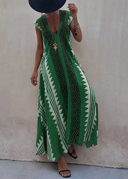 Green Print Chiffon Long Dress Asymmetrical Summer