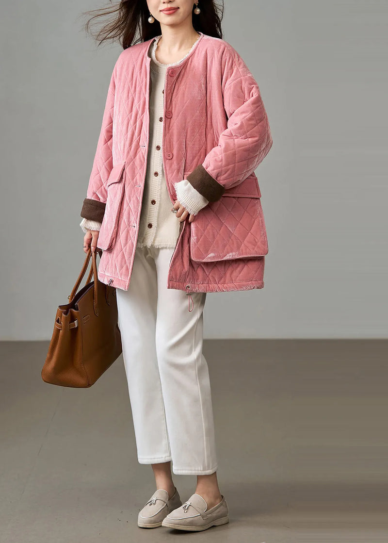 Pink Plaid Fine Cotton Filled Silk Velvet Jackets Winter
