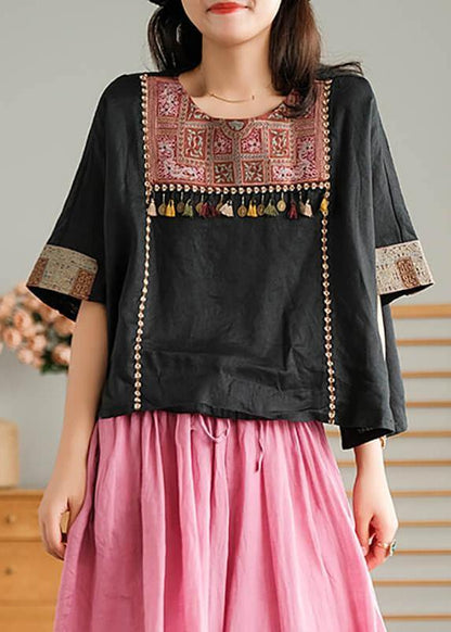 Black Embroidered Linen T-shirt
