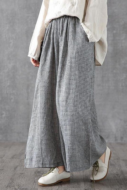 - Lotstrends Hand-made Plaid Linen Wide Leg Pants