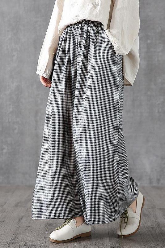- Lotstrends Hand-made Plaid Linen Wide Leg Pants