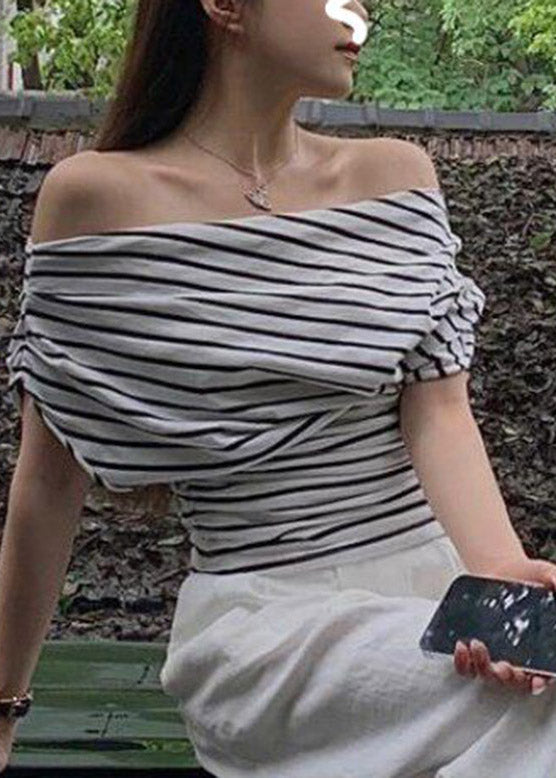 Slim Fit Black White Striped Slash Neck T Shirt Short Sleeve