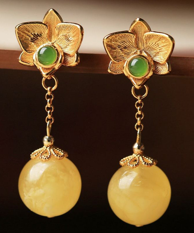 Fine Yellow Sterling Silver Overgild Beeswax Amber Crystal Drop Earrings