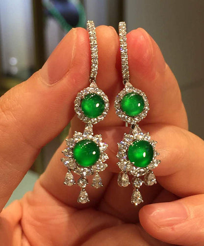 Sterling Silver Inlaid Zircon Jade Tassel Drop Earrings