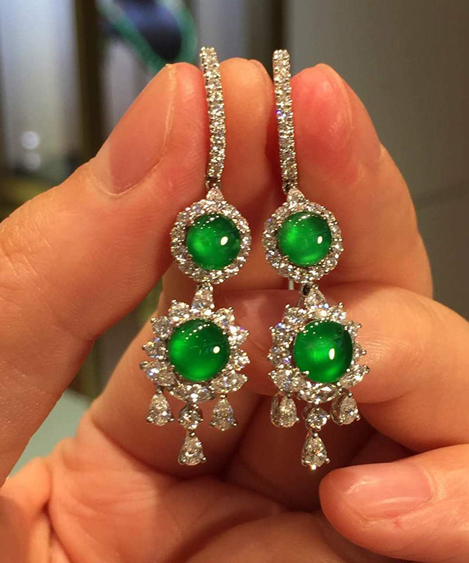 Sterling Silver Inlaid Zircon Jade Tassel Drop Earrings