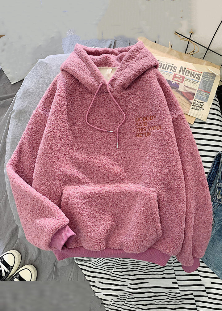 Pink Hooded Letter Pockets Teddy Faux Fur Sweatshirt Spring