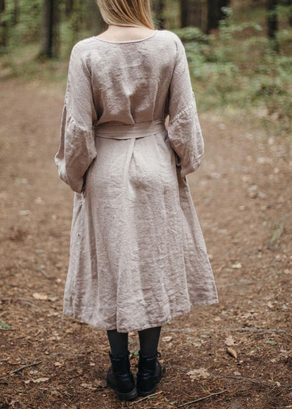 New Grey O Neck Button Tie Waist Linen Dresses Spring