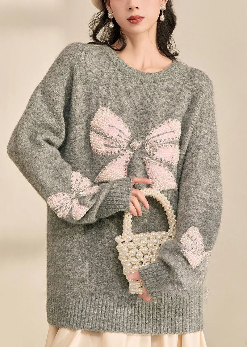 Loose Grey O-neck Bow Cozy Cotton Knit Sweater Tops Spring