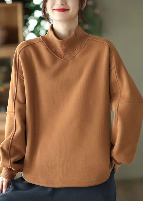 Brown Stand Collar Oversized Warm Fleece Sweatshirt Winter