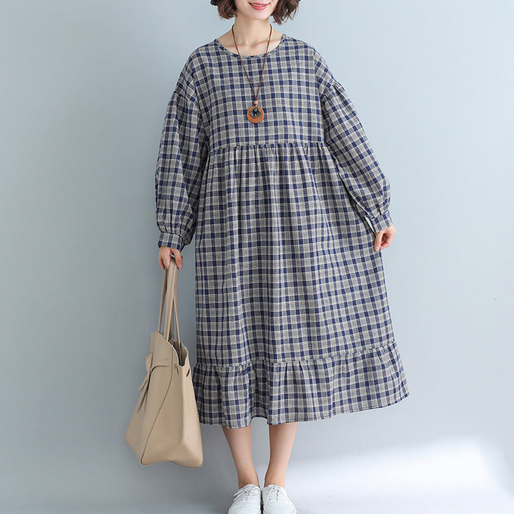 Apparel Loose Plaid Dress Cotton Linen Dresses