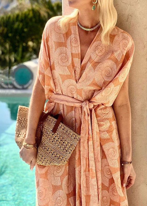 Orange V Neck Print Lace Up Cotton Dress Summer