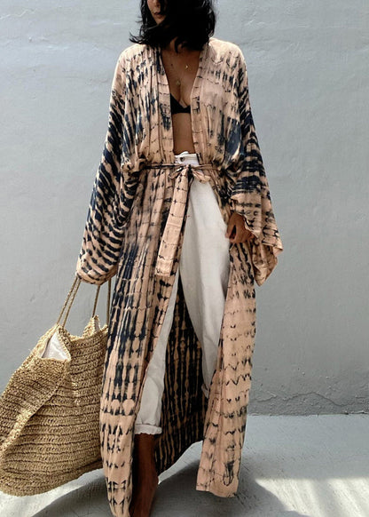 Khaki V Neck Print Cotton Loose Cardigan Summer