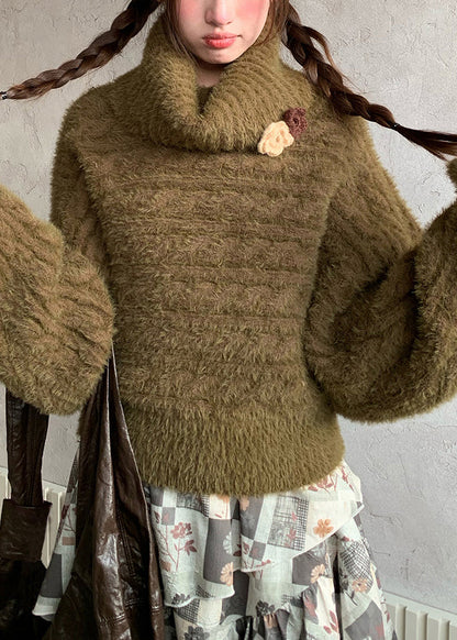 Loose Green Turtleneck Cozy Cotton Knit Sweaters Fall