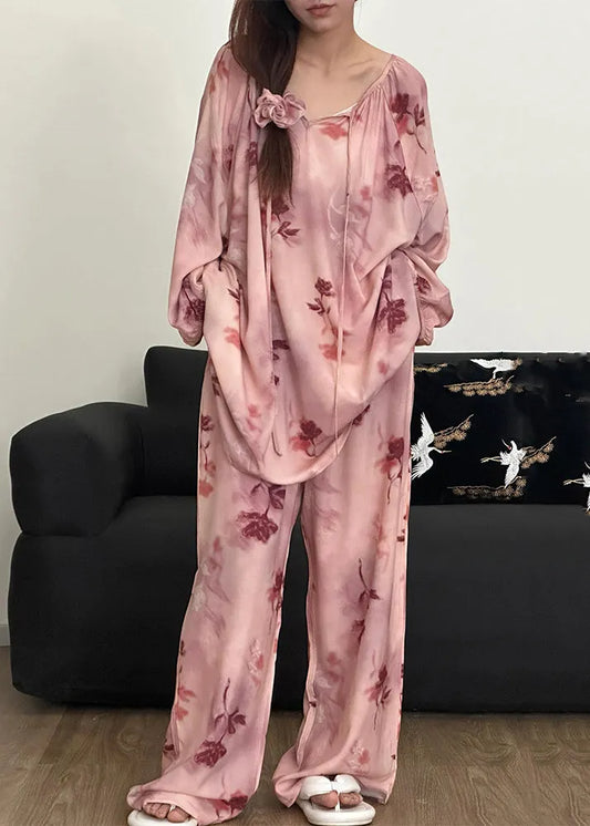Loose Pink Print Lace Up Cotton Pajamas Two Piece Set Fall