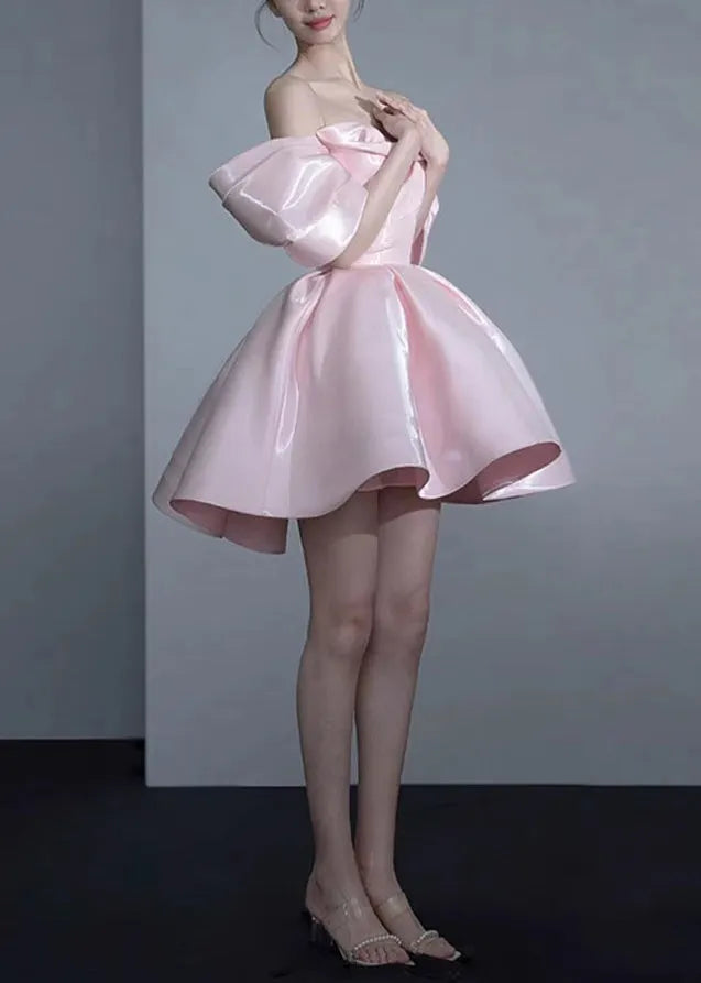 Novelty Pink Cold Shoulder Zippered Silk Princess Dresses Summer