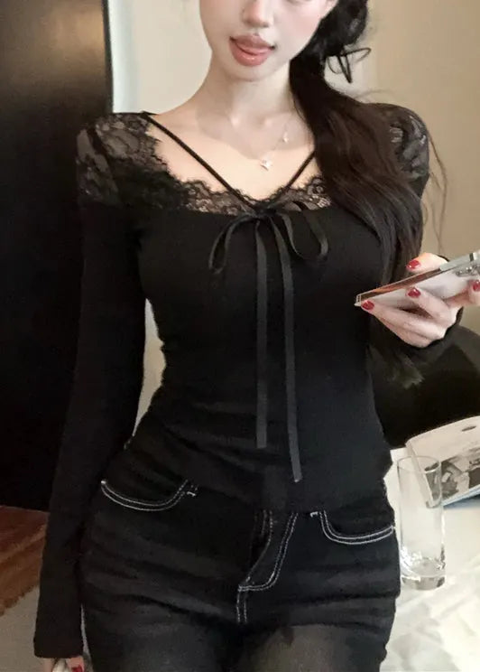 Black Lace Patchwork Silm Fit Tops Spring