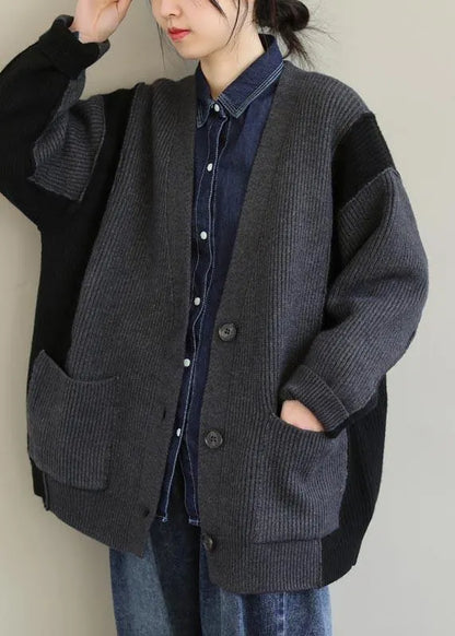 For Spring Gray Knitted Pullover V Neck Button Downfall Spring Knit Ssweat Tops