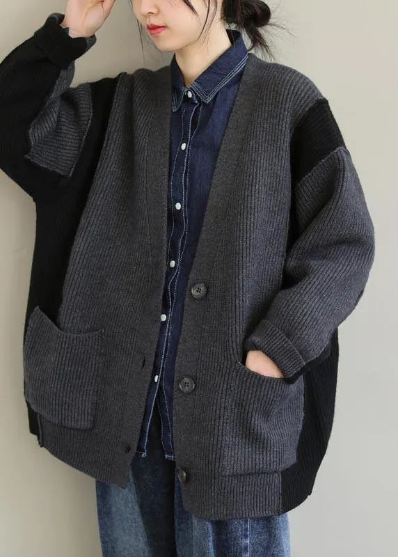 For Spring Gray Knitted Pullover V Neck Button Downfall Spring Knit Ssweat Tops