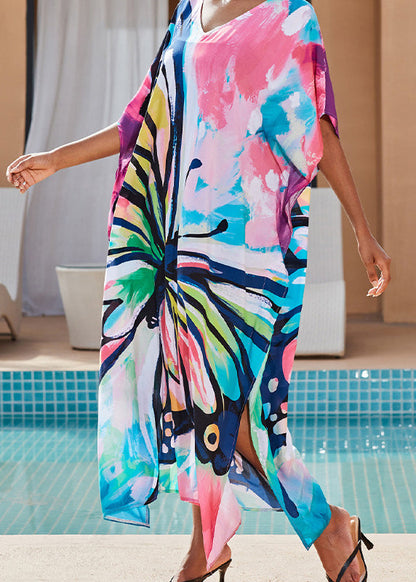 V Neck Butterfly Print Cotton Long Dress Summer