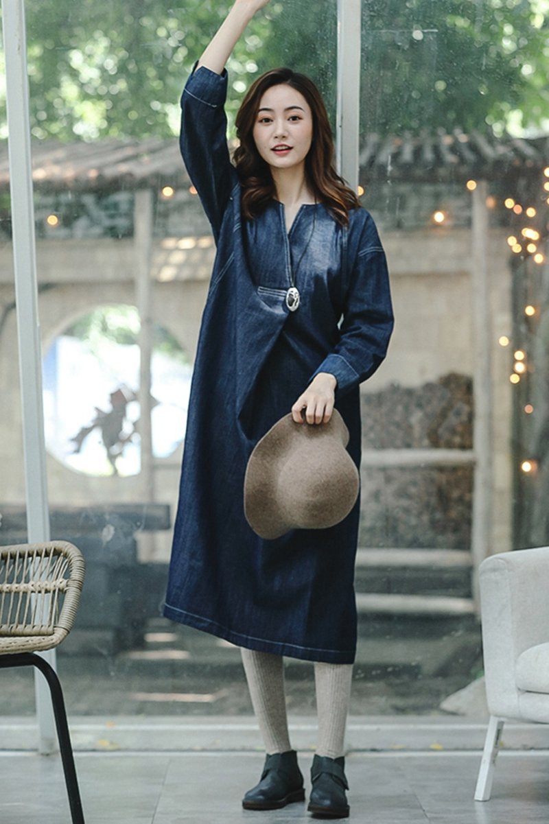 Loose Blue Denim Maxi Dresses Cowboy Outfits