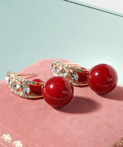Red Copper Overgild Zircon Pearl Drop Earrings